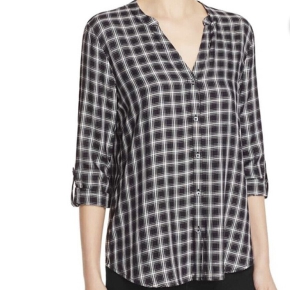 Soft Joie Black Plaid 3/4 Sleeve Roll Tab Pull Over Button Blouse - Picture 1 of 8